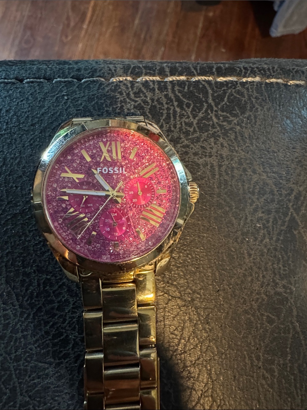 Fossil Gold-Tone Bracelet Watch with Pink Glitter Dial needs repair